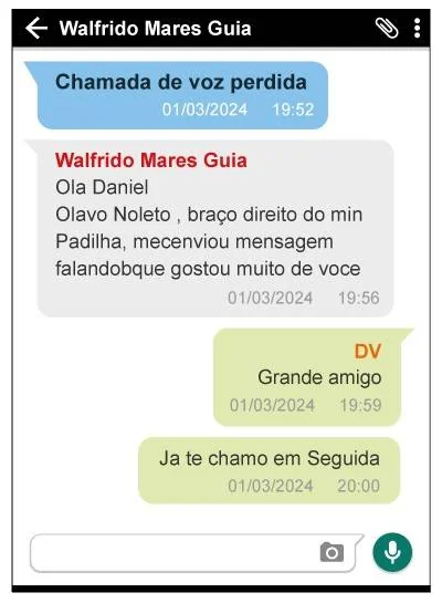 Captura de tela de um aplicativo de mensagens, mostrando uma conversa com Walfrido Mares Guia. Há uma Chamada de voz perdida e mensagens trocadas em 1º de março de 2024, incluindo uma de Walfrido mencionando Olavo Noleto e uma resposta Grande amigo de DV